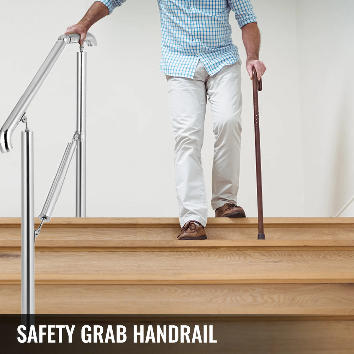 SucceBuy 3-5 Step Railing Stainless Steel Transitional Handrail Fit For Level Surface Adjustable Stair Railing Safely Downstairs