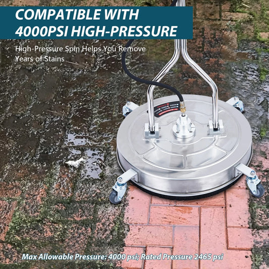24" Stainless Steel Pressure Washer Surface Cleaner with 4 Wheels, 4000 Max PSI, 3/8 Quick Connector, 2 Replacement Nozzles, Dual Handle, Power Washer Surface Cleaner for Concrete, Patio, Sidewalk, Deck, Driveways