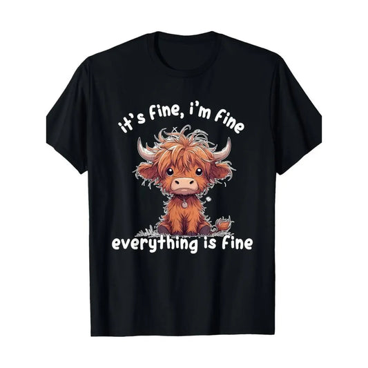 Cotton It's Fine I'm Fine Everything Is Fine Cute Highland Cow T-Shirt, 100% Cotton