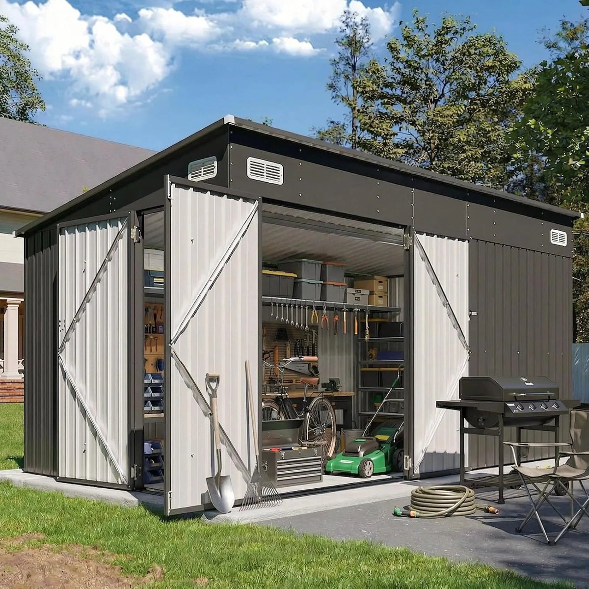 Outdoor Lean to Storage Shed with Triple Doors Utility Galvanized Steel Sheds for Vertical Storage, Dual Lock Metal Shed with Sloped Roof for Mower,Bike,Garden Tools (Black)