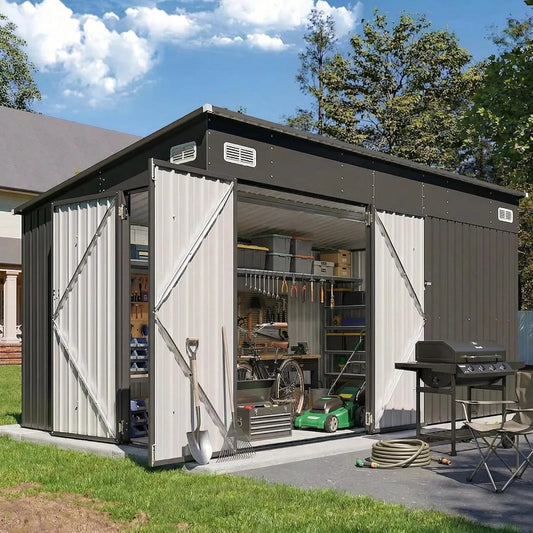 Outdoor Lean to Storage Shed with Triple Doors Utility Galvanized Steel Sheds for Vertical Storage, Dual Lock Metal Shed with Sloped Roof for Mower,Bike,Garden Tools (Black)