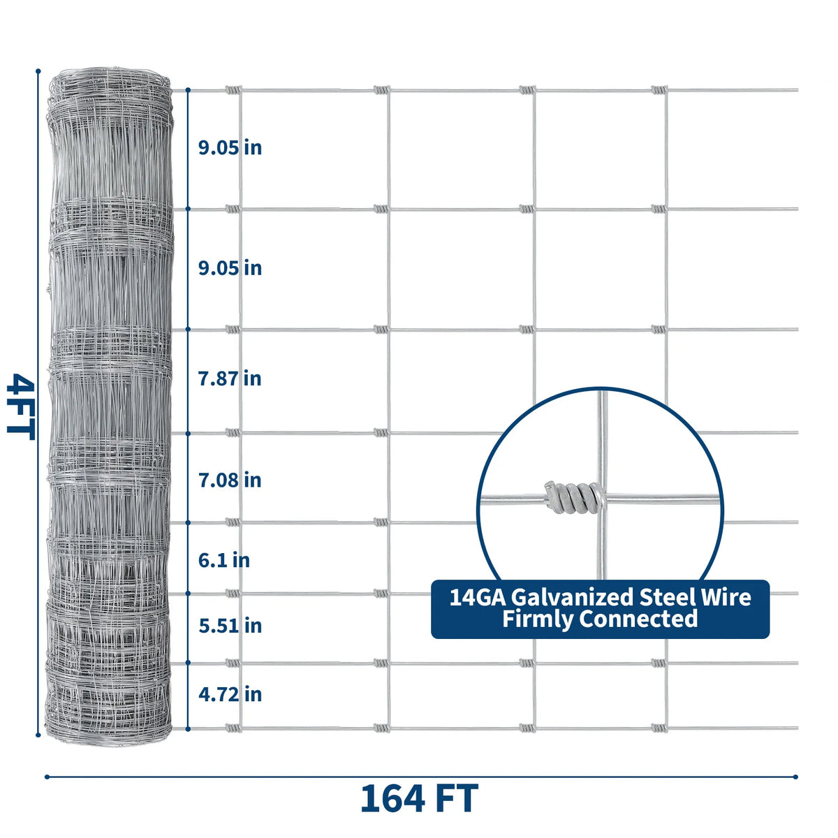 Heavy-Duty Galvanized Welded Wire Cattle Fence Roll, 14-Gauge Rust-Resistant Graduated Livestock Field Fencing for Goat/Deer/Hog/Sheep,