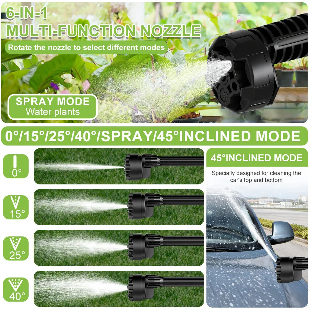 Adjustable High Pressure Cordless Portable Power Washer 1500PSI 21V 200W Wireless Water Cleaner with 13000mAh Large Capacity Battery 6-in-1 Multi Function Nozzle & Foam Bottle Outdoor Home Cleaning Tool