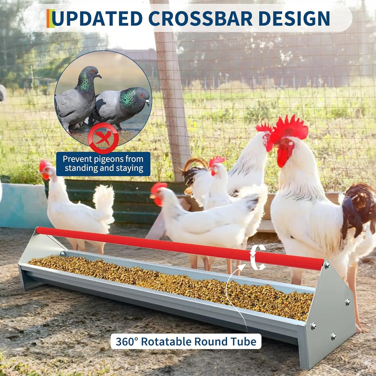 Livestock Feeding Trough Chicken Feeder 114cm Hay Feeder Metal Duck Feeder Galvanized Steel Poultry Feeder Trough with Drainage Holes & Rotatable Handle for Coop, Pigeon, Duck
