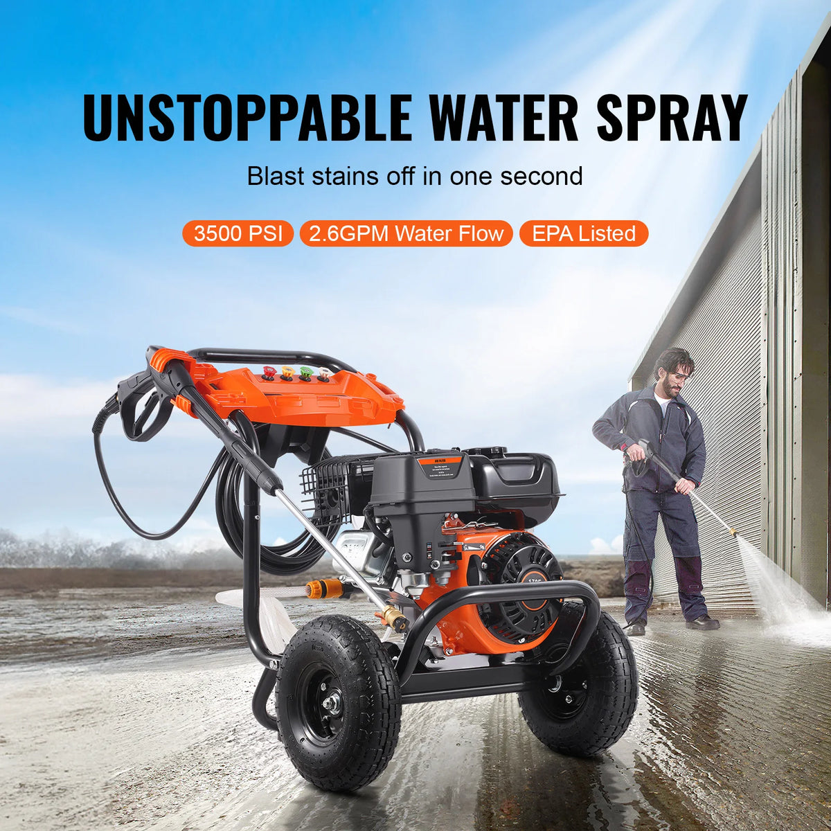 SucceBuy Gas Pressure Washer 3500PSI 2.6GPM Gas Powered with Aluminum Pump Spray Gun Extension Wand 5 Nozzle Set for Cars Fences