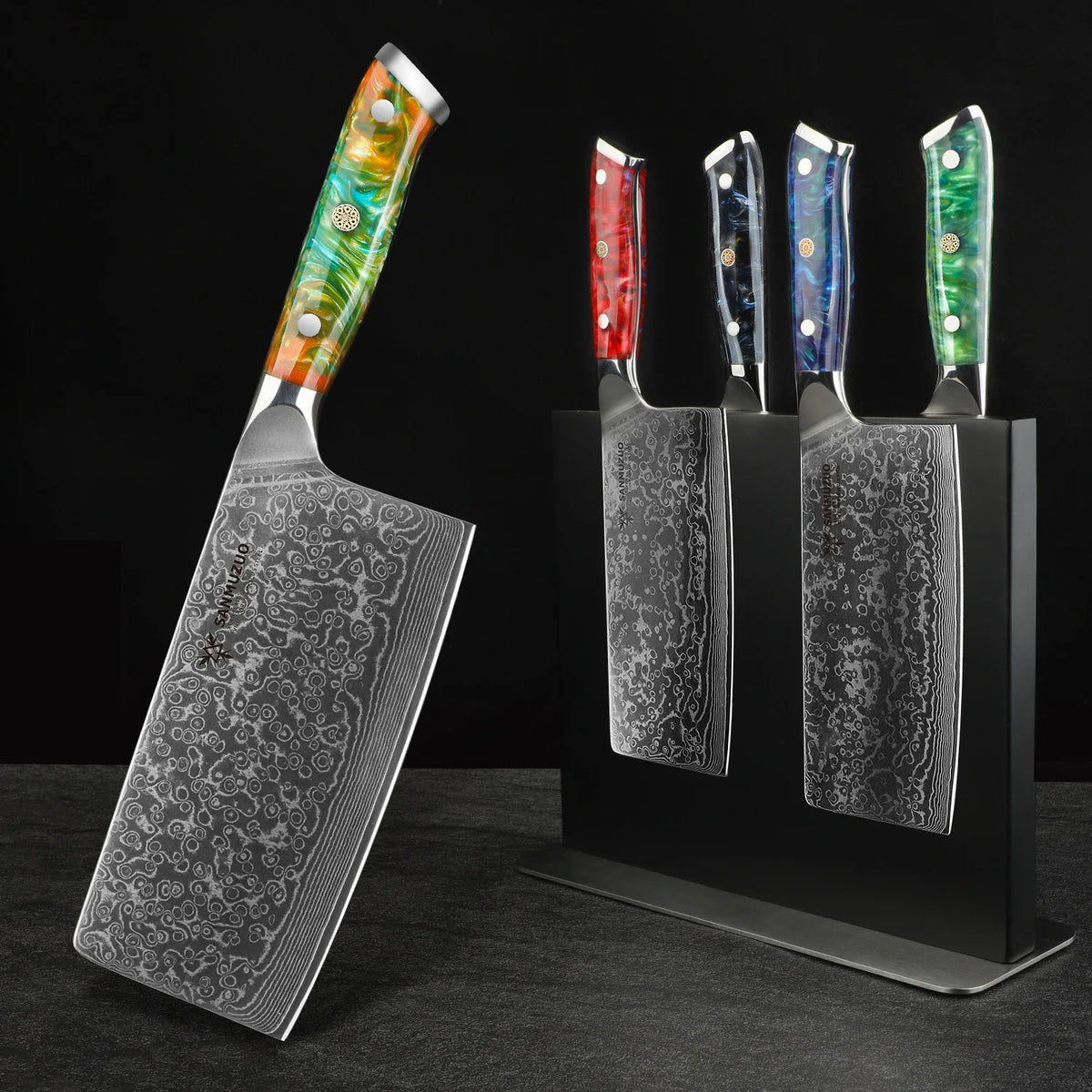 SANMUZUO 7 Inch Chinese Cleaver Knife - Professional Damascus Steel Chef Knife for Meat Vegetable - Ergonomic Resin Handle Kitchen Tool - Xuan Series