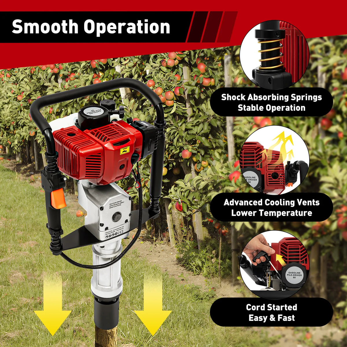1900W Petrol Pile Driver 52cc 2 Stroke Engine Post Driver Air Cooling Single-cylinder Petrol Garden Fencing Push Pile Tool