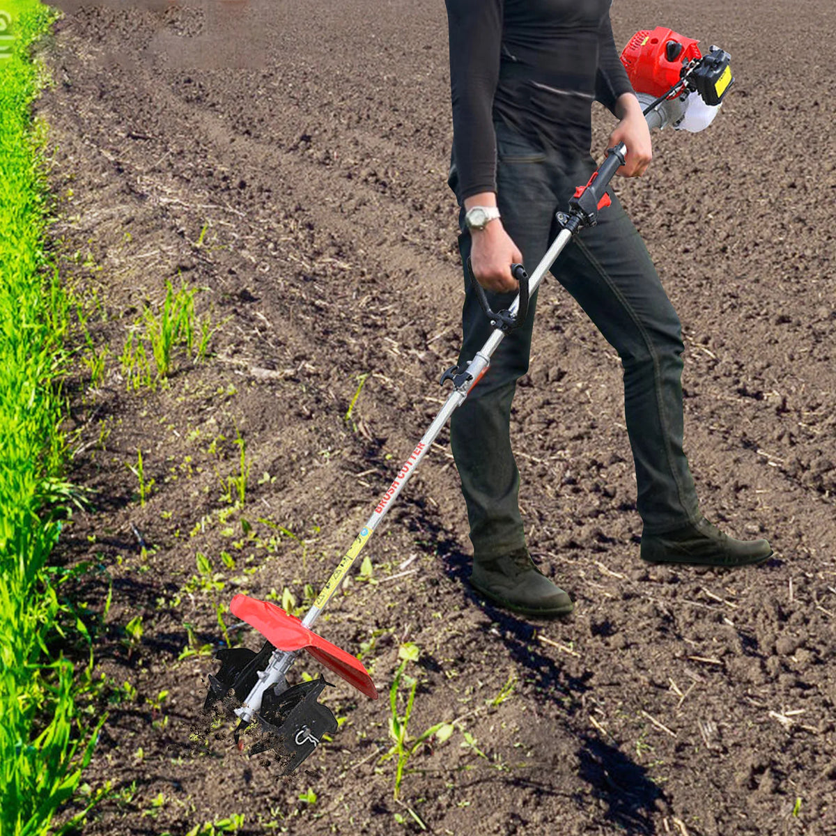 Gasoline Mini Tiller Cultivator 51.7cc Multi-function Rotary Tiller Machinery  1.45kW Cordless Garden Rototiller Farm Tilling Equipment with 25cm Width & 9cm Depth ﻿