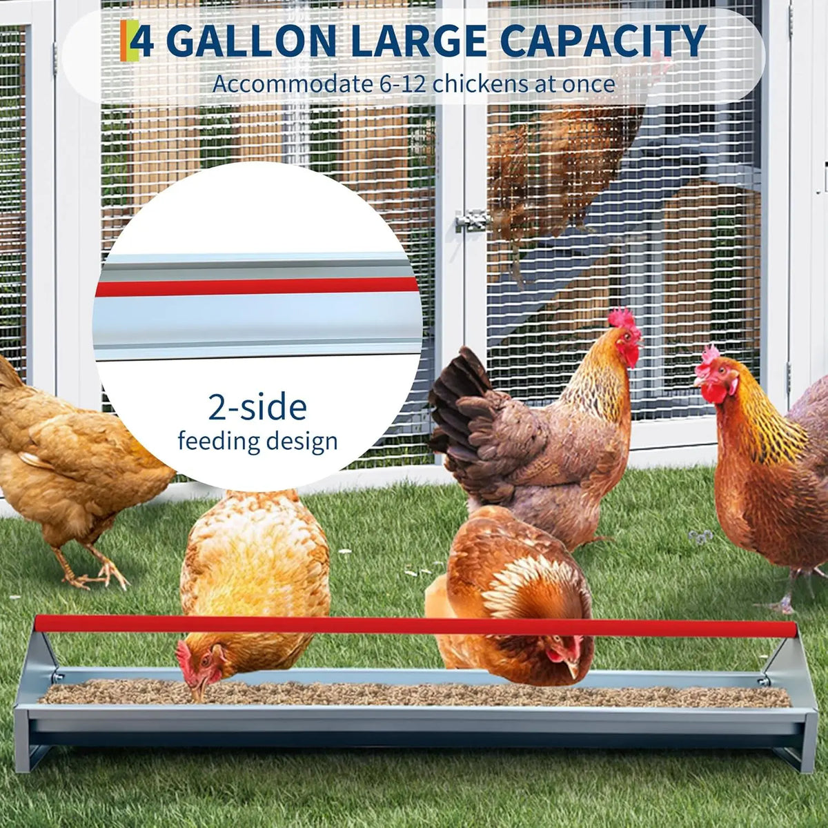 Livestock Feeding Trough Chicken Feeder 114cm Hay Feeder Metal Duck Feeder Galvanized Steel Poultry Feeder Trough with Drainage Holes & Rotatable Handle for Coop, Pigeon, Duck